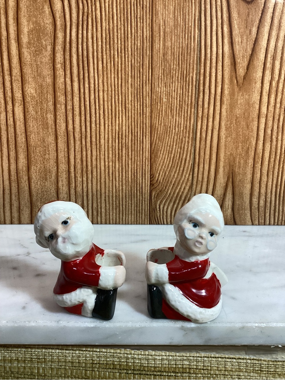 Vintage Ceramic Mr and Mrs Santa Candle Huggers- Red & White